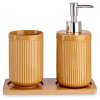 Koupelnová keramická sada na bambusovém tácku, dávkovač mýdla + hrnek