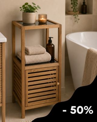 Přírodní materiály, chytré řešení a více pořádku v koupelně. 🌿🛁 Využij 50% slevu na koupelnový sloupek FONDI z akátového...