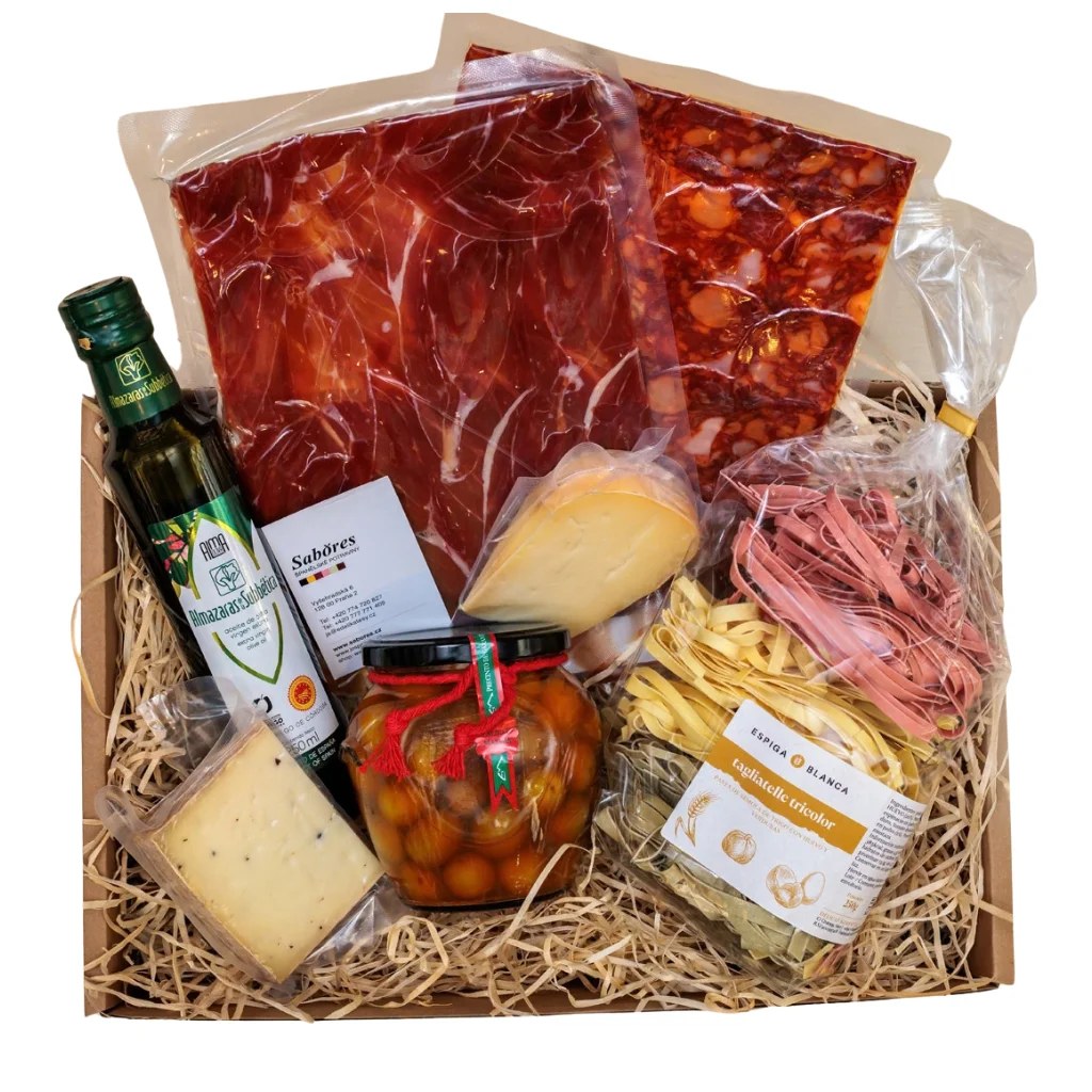 Dárkový balíček se španělskými delikatesami: jamón, chorizo, sýry, olivový olej, olivy a těstoviny