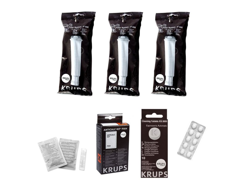 Krups F08801 Aqua Filter Claris 3 ks + F0540010 odvápňovač + XS300010 čisticí tablety