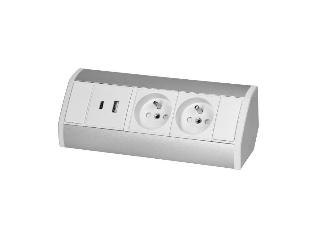 Povrchová zásuvka ORNO OR-GM-9039/WG, rohové púzdro, 2x 230V, 2x USB (A+C type; 2.4A), farba biela-strieborná