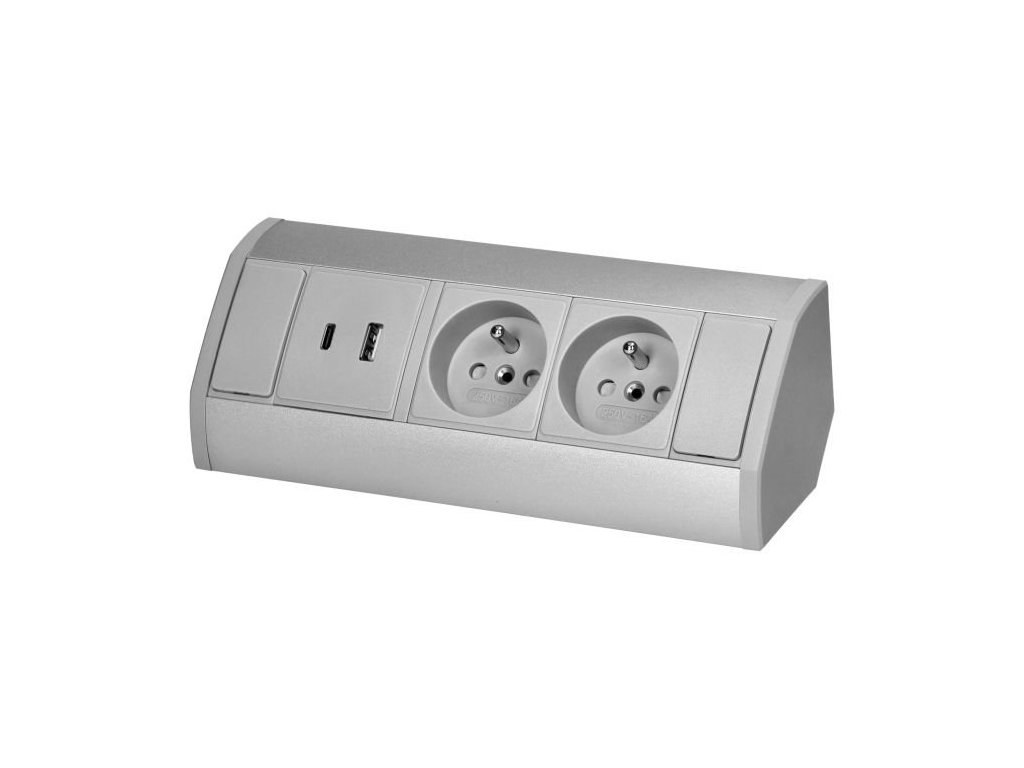 Povrchová zásuvka ORNO OR-GM-9039/G, rohové púzdro, 2x 230V, 2x USB (A+C type; 2.4A), farba šedá-strieborná