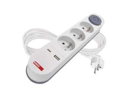 Predlžovací kábel 2 m / 3 zásuvky / s vypínačom / biely / 1×USB-A + 1×USB-C / 1,5 mm2