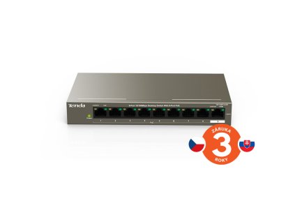 Tenda TEF1109P-8-63W PoE AT switch 8x PoE 802.3af/at, 9x 100Mb/s, PoE+ celkom 58W, fanless
