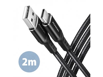 AXAGON BUCM-AM20AB, HQ kábel USB-C <-> USB-A, 2 m, USB 2.0, 3A, ALU, opletenie, čierny BUCM-AM20AB