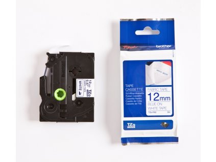 páska BROTHER TZeFA3 modré písmo, biela nažehľovacia páska FABRIC Tape (12mm) TZEFA3