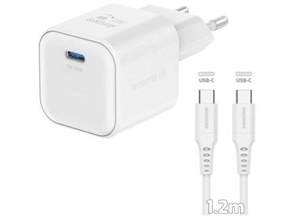 Swissten síťový adaptér gan 1x usb-c 20w power delivery bílý + datový kabel usb-c/usb-c 1,2 m bílý 22070120