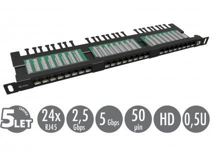 19'' patch panel Solarix 24xRJ45 CAT5E UTP s vyvazovací lištou černý 0,5U SX24HD-5E-UTP-BK 24000144