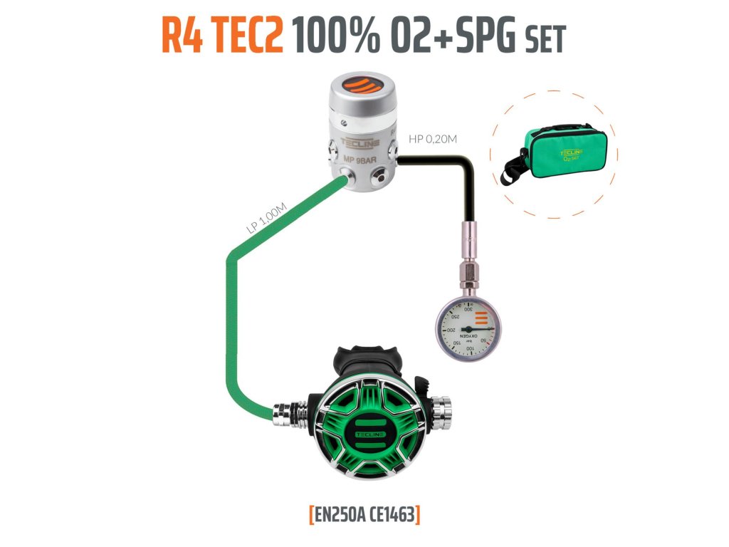 Regulátor R4 TEC2 100% O2 stage set s manometrem M26x2