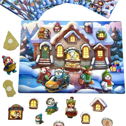 PSD282 Vánoce panorama prostorová hra pro děti suchý zip s kartičkami zimní 03