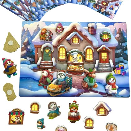 PSD282 Vánoce panorama prostorová hra pro děti suchý zip s kartičkami zimní 0