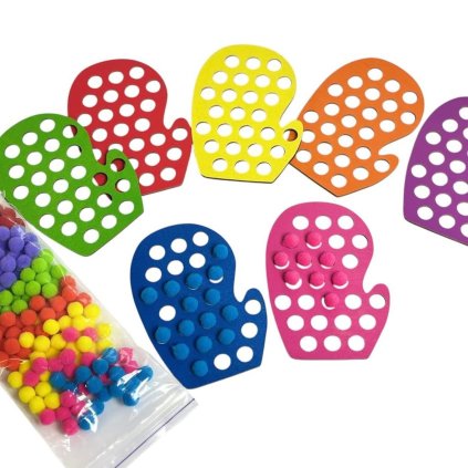 Rukavičky sada 7 ks motorická hra navlékání bambulky aktivity zima rukavice