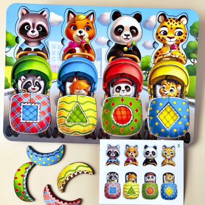 PSD176 Zviratka s kocarky logicke vicevrstve drevene puzzle se zadanim UBEE 00