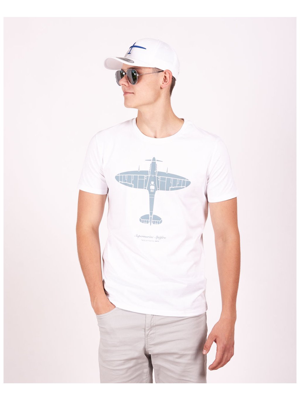 mens white tshirt print spitfire aircraft produced by eeroplane brand