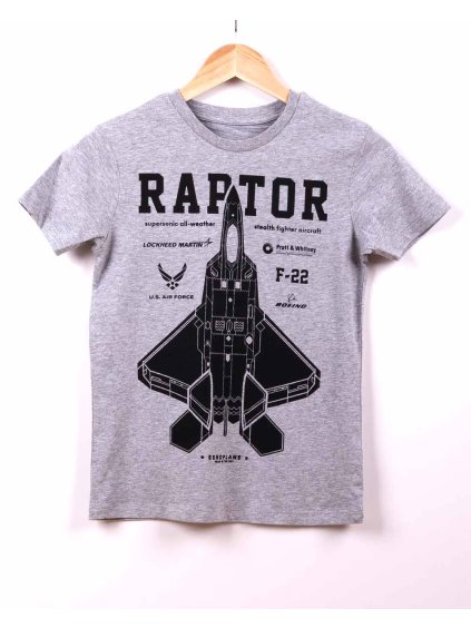 detske tricko sedy melir s potiskem stihacka f22 raptor znacka eeroplane
