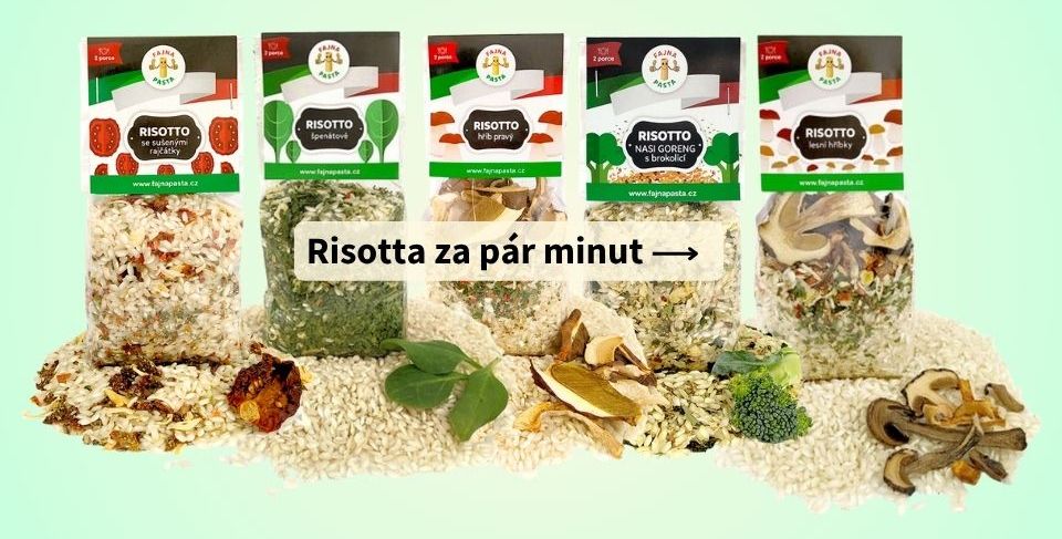 Risotta FAJNA PASTA - rajčátkové, špenátové, NASI GORENG s brokolicí a hříbkové.