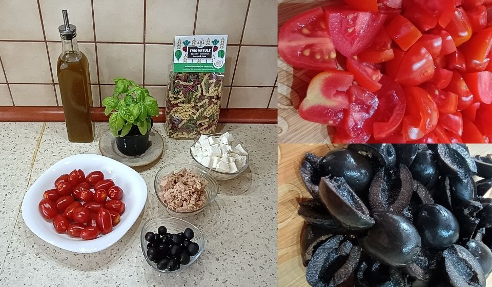 Ingredience na vrtulkový salát - těstoviny, cherry rajčata, olivy, mozzarella, tuňák, olivový olej, bazalka.