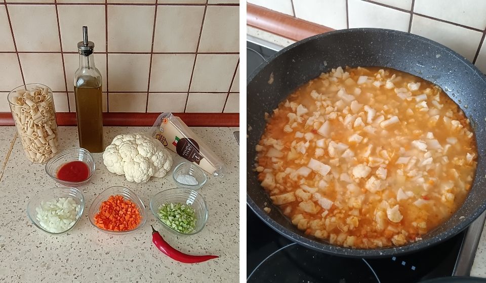 Ingredience do podzimního receptu na květákové těstoviny PASTA MISTA a základ v pánvi.