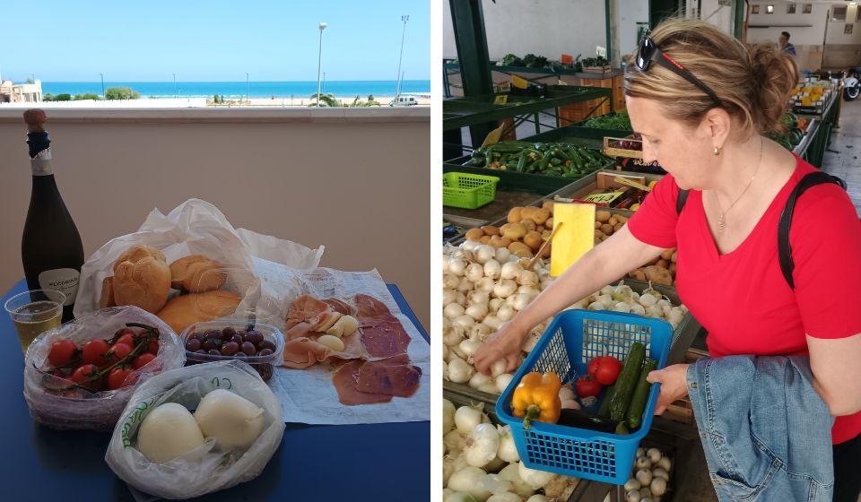 Nákup zeleniny na italském trhu a piknik s výhledem na moře.