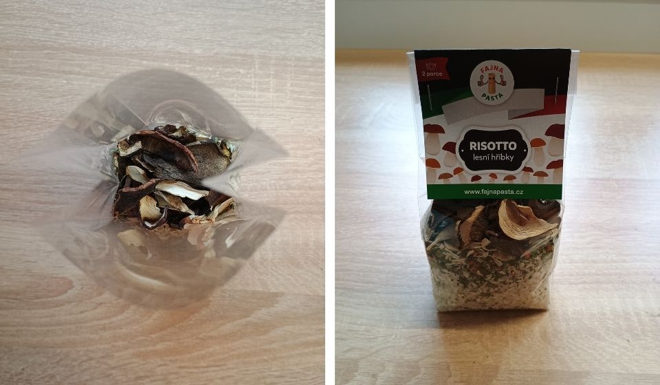 Ruční balení rizota - houbové risotto s lesními hříbky.