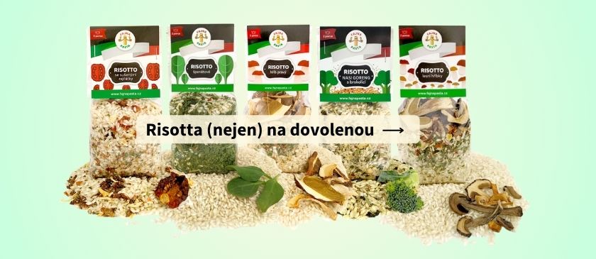 Celá sada rizot FAJNA PASTA - risotto hřib pravý, lesní hříbky, rajčátkové, špenátové a Nasi Goreng s brokolicí.
