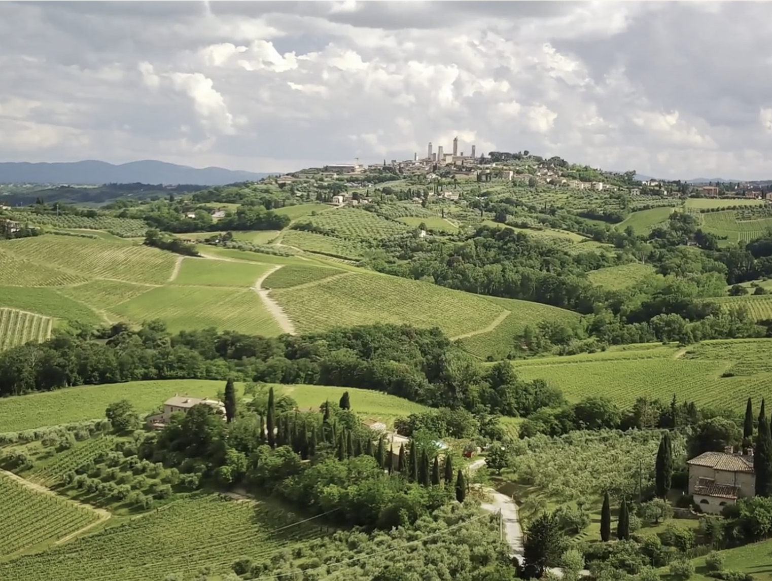 Krajina a vinice u San Gimignana v Toskánsku – oblast vinařství Poderi del Paradiso