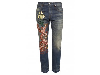 Gucci Men's Dragon Applique Embroidered Tapered Denim Jeans