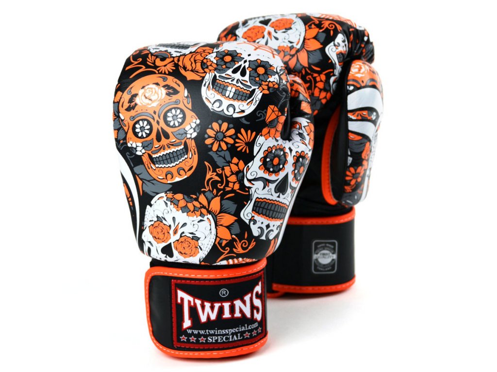 Boxerské rukavice TWINS SKULL - černá/bílá/oranžová