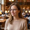 Add eyeglasses to a Central European woman slightly turned left, wearing a soft beige knit top. Render the glasses with the same width but 10% reduced vertical height. Background: real university library with warm ambient light and mild bokeh.”