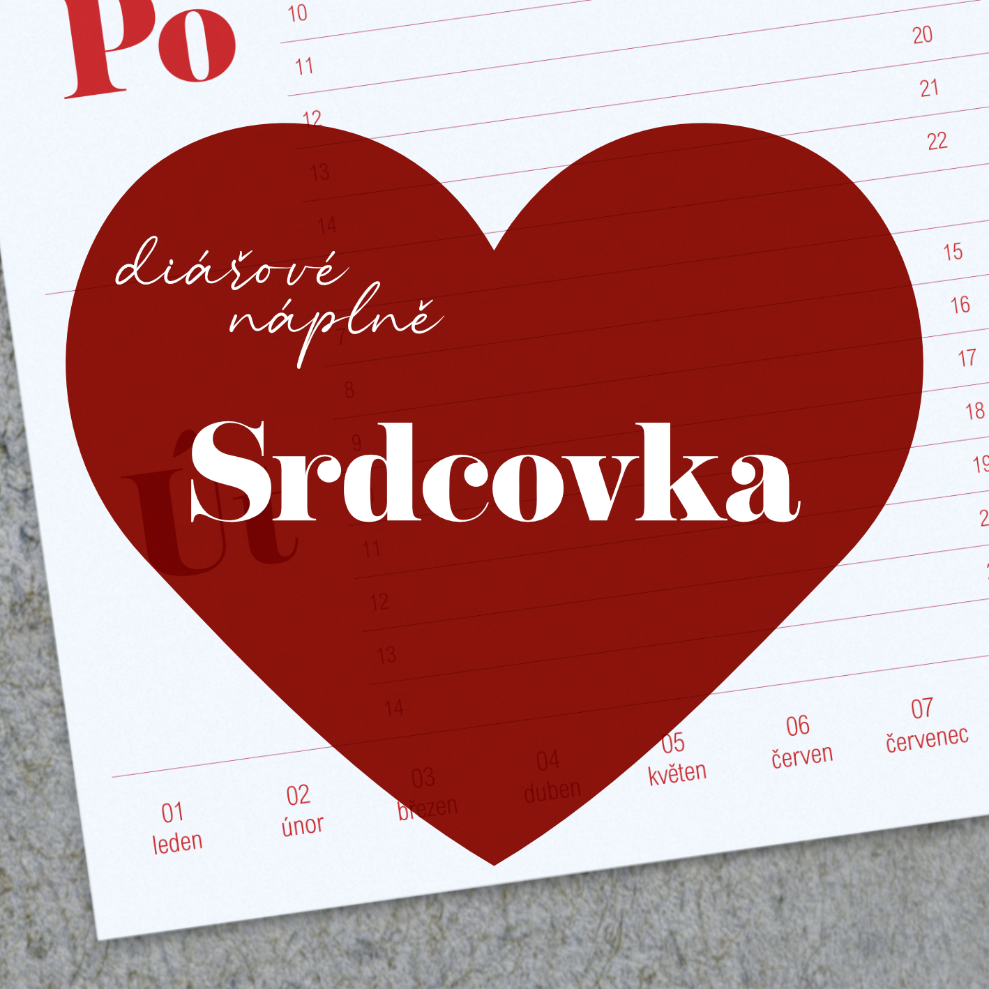 Diářový list designu Srdcovka položený na pozadí šedého strukturovaného papíru