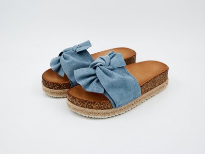 Pohled na pár Pantofle dámské ergonomické s širokou korkovou platformou s ozdobnou mašlí modré Julia