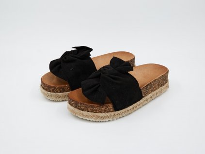 Pohled na pár Pantofle dámské ergonomické s širokou korkovou platformou s ozdobnou mašlí černé Caroline