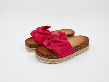 Pohled na pár Pantofle dámské ergonomické s širokou korkovou platformou s ozdobnou mašlí růžové Rose