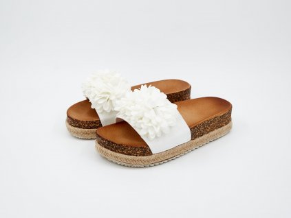 Pohled na pár Pantofle dámské ergonomické s širokou korkovou platformou s ozdobnou mašlí bílé Bianca