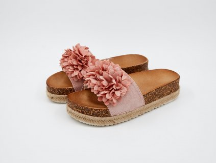 Pohled na pár Pantofle dámské ergonomické s širokou korkovou platformou s ozdobnou květinou růžové Annabelle