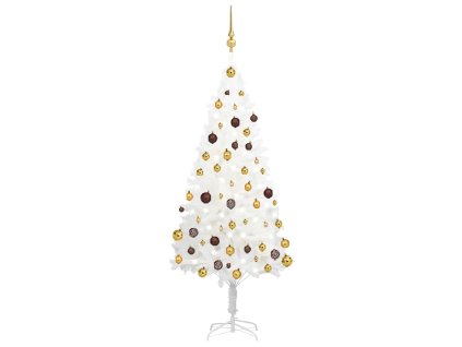 Osvetlený umelý vianočný stromček s guľami, biely 150 cm