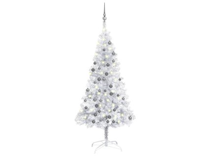 Osvetlený umelý vianočný stromček s guľami strieborný 150cm PET