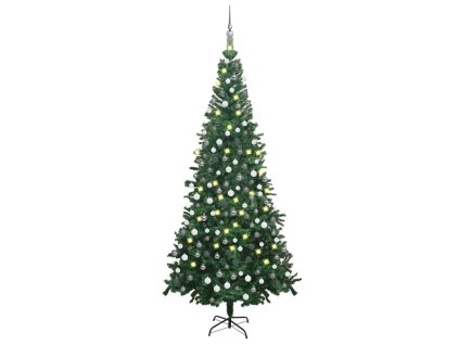 Osvetlený umelý vianočný stromček s guľami L 240 cm, zelený