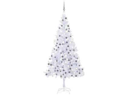 Osvetlený umelý vianočný stromček s guľami L 240 cm, biely