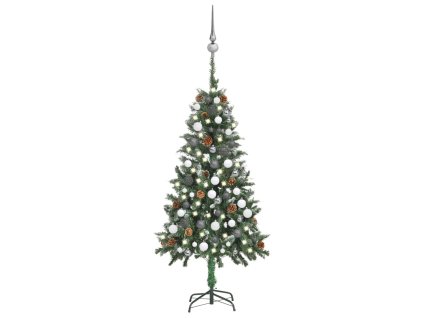Osvetlený umelý vianočný stromček s guľami a šiškami 150 cm