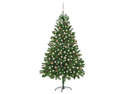 Osvetlený umelý vianočný stromček s guľami 210 cm, zelený