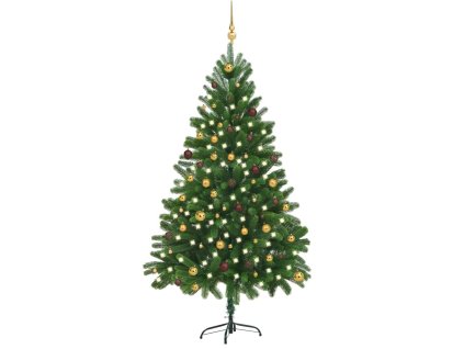 Osvetlený umelý vianočný stromček s guľami 210 cm, zelený