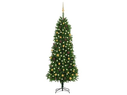Osvetlený umelý vianočný stromček s guľami 240 cm, zelený