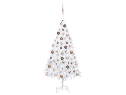Osvetlený umelý vianočný stromček s guľami, biely 150 cm, PVC