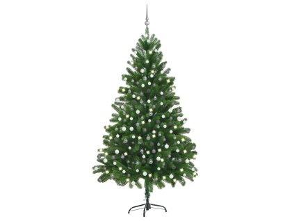 Osvetlený umelý vianočný stromček s guľami 210 cm, zelený