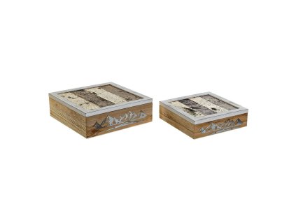 Súprava dekoračných krabičiek DKD Home Decor 8424001775835 Kov Drevo Gaštanová Biela 24 x 24 x 7,5 cm Drevo MDF (2 kusov)