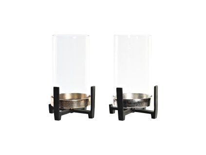 Svietnik DKD Home Decor 15 x 15 x 28 cm Šampanský Sklo Striebristý Čierna Aluminium (2 kusov) (2 unidades)