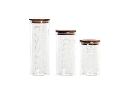 Sada 3 dóz DKD Home Decor 10,2 x 10,2 x 27,7 cm Prírodná Transparentná Agátové drevo Písmená Borokremičité sklo