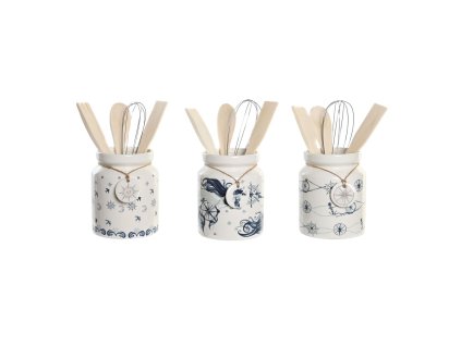 Nádoba na kuchynské náradie DKD Home Decor Modrá Kov Biela Dolomite Drevo MDF 12 x 12 x 25 cm (3 kusov)