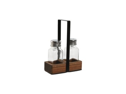 Soľnička a Korenička Home ESPRIT Čierna Sklo Agátové drevo 12 x 6 x 17,5 cm